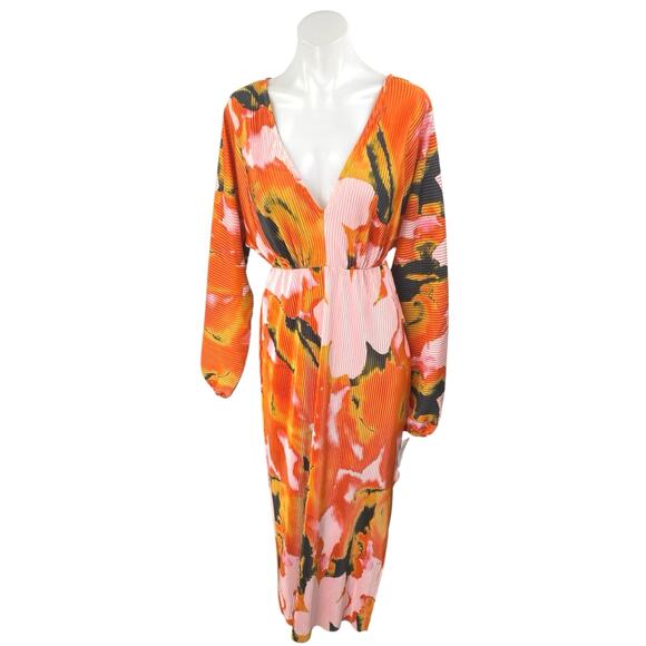 NEW ASOS Orange Floral Long Sleeve V-Neck Long Sleeve Blouson Maxi Dress Size 4 - Picture 1 of 6